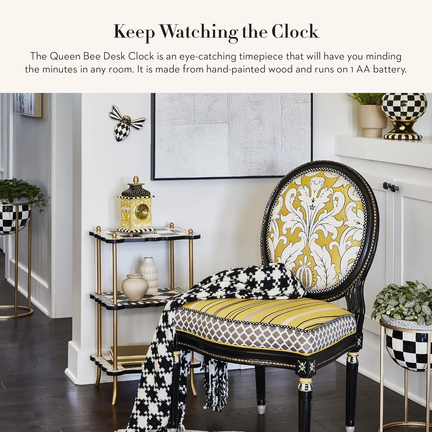 MACKENZIE-CHILDS Desk Clock, Decorative Wood Clock for Kitchen and Living Room, Queen Bee