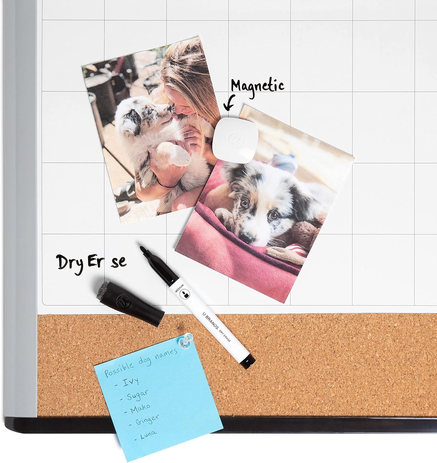 U Brands 3-in-1 Magnetic Dry Erase Calendar White Board, Black and Gray Frame, Magnet and Marker Included, 16" x 20" (6712U00-01)