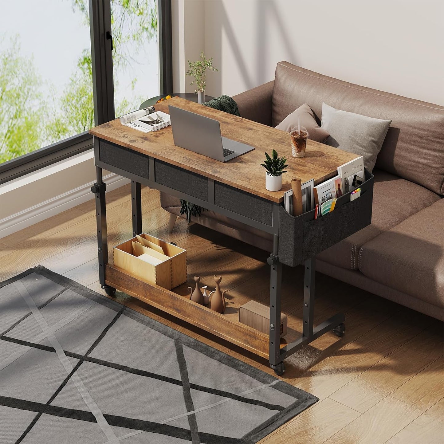 Rolling Standing Desk Adjustable Height with Drawers on Wheels, 40 Inch Portable Mobile Stand Up Computer Desks for Bedroom Home Office, Couch Sofa Side Laptop Table with Storage, Rustic Brown