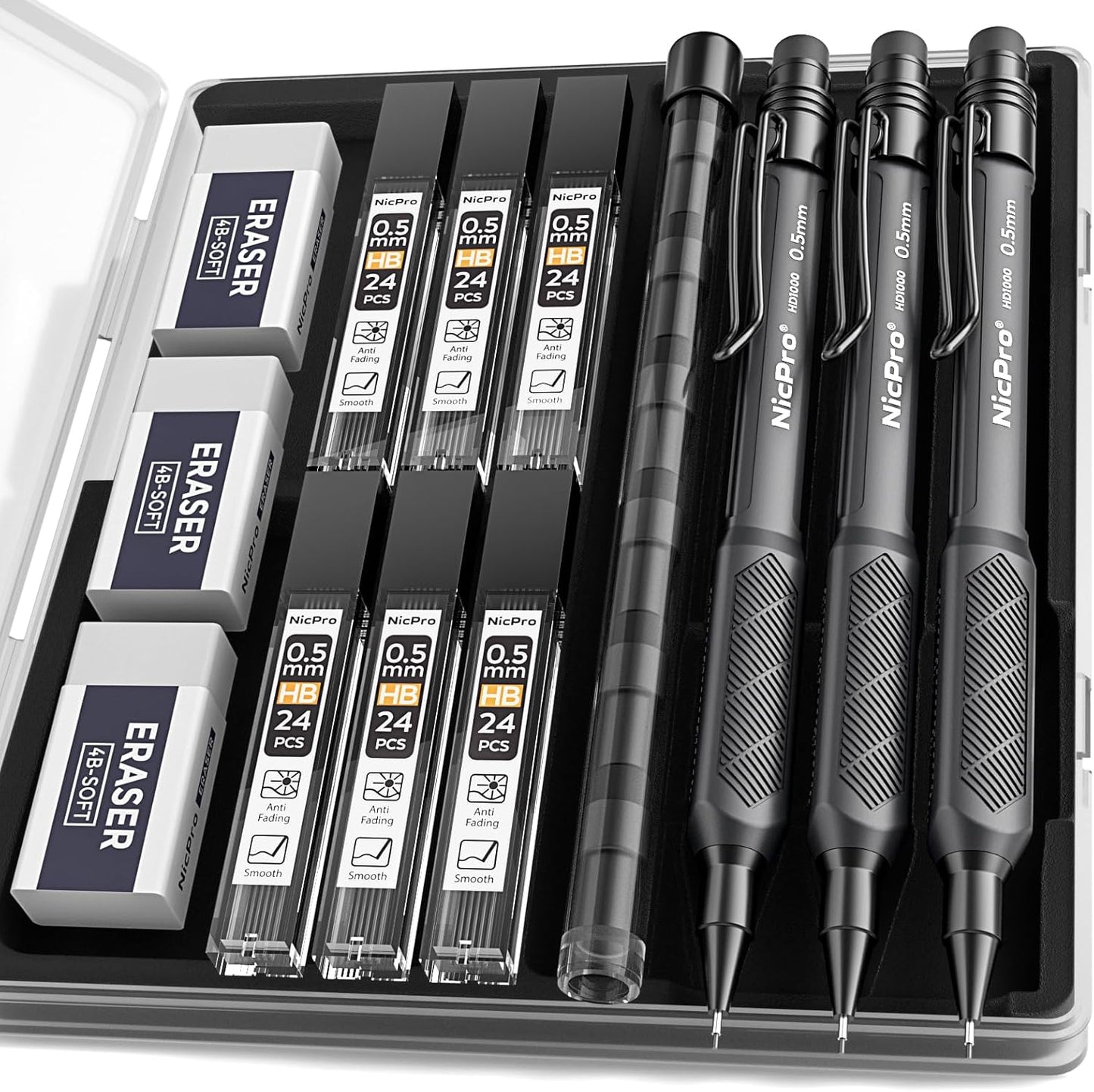 Nicpro HD1000 0.5 mm Art Mechanical Pencil Set in Case, 3 PCS Weatherproof Mechanical Pencils with 6 Tube HB Refills, Eraser, Weatherproof Barrel for Outdoor Writing Marking Drafting Drawing Sketching