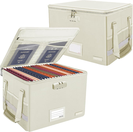 ENGPOW File Box with Lock,Fireproof Document Box with Zipper Lid,Collapsible File Storage Organizer Filing Cabinet with Handles,Portable Home Office Safe for Hanging Letter/Legal Folders,Beige,2 Pack