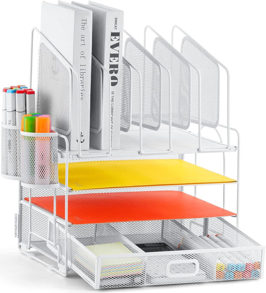 Marbrasse Desk Organizers, 4-Tier Mesh Desk File Organizer with 5 Vertical File Holders and 2 Pen Holders, Multifunction Desktop Organizer,Desk Organizers and Accessories for Home Office (White)