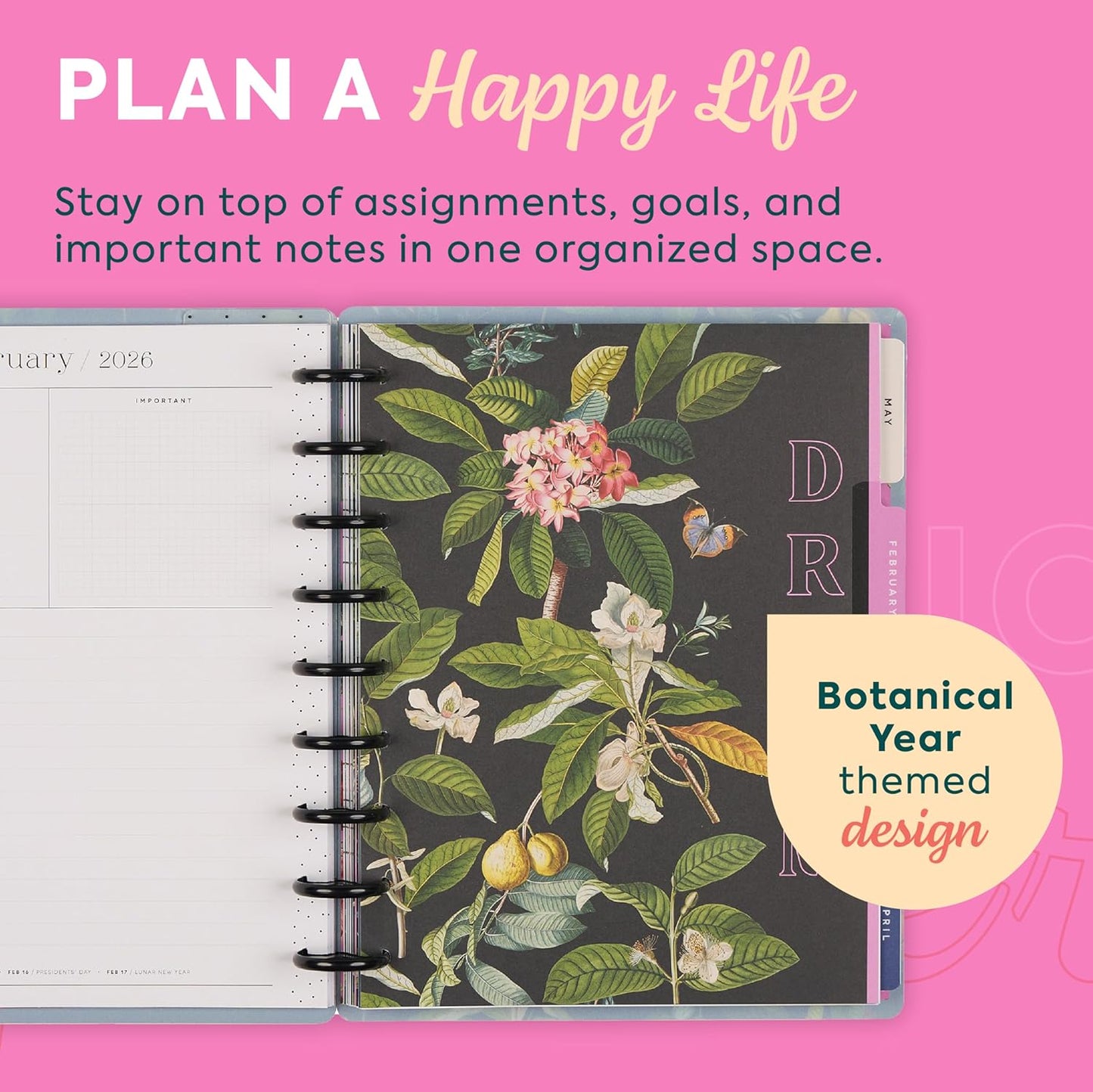 Happy Planner Disc-Bound Planner Jan.–Dec. 2026, Includes 3 Extra Months and 2 Sticker Sheets, Classic Size, 7" x 9.25", Dashboard Layout, Botanical Year