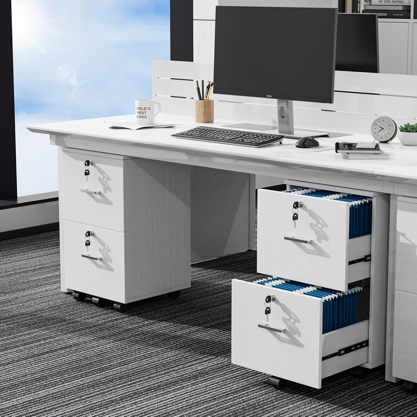 VINGLI 2 Drawer File Cabinet with Lock, Wood Grain White File Cabinets for Letter Size File Folders with Tabs, Mobile Under Desk Filing Cabinets for Home Office, Rolling Filing Cabinet Printer Stand