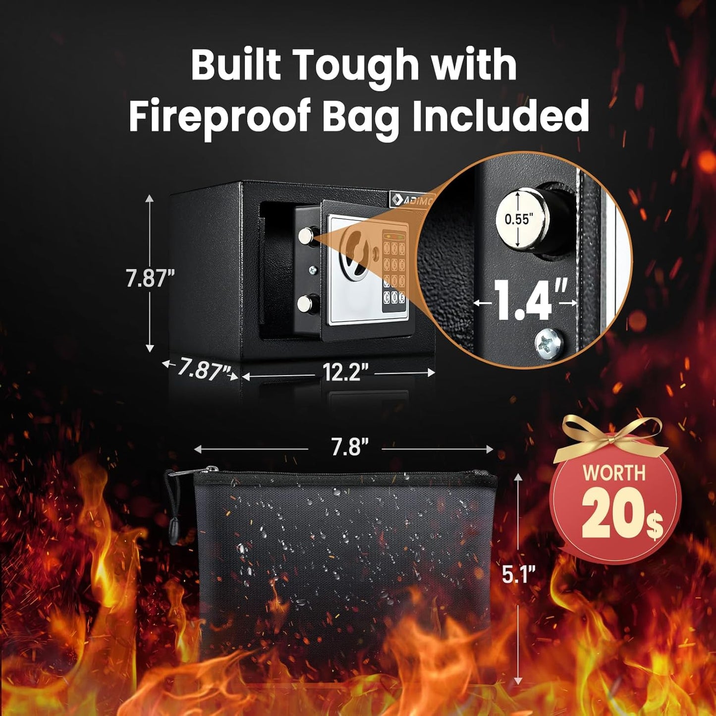 ADIMO Safe Box for College Dorm Room, Money Box with Fireproof Waterproof Bag, Keys & Pass Code & Wall Mount Kits, 0.5 Cubic Feet Hidden Home Safe for Jewelry, Money, and Documents, Home Office, Dorm