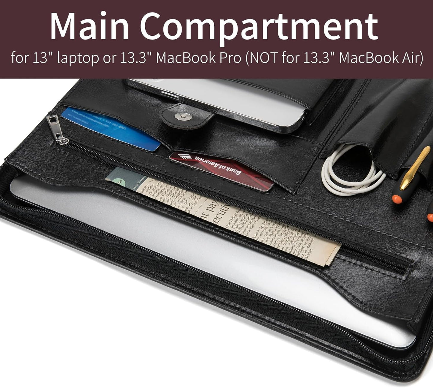 Vegan Leather Portfolio with Front Pocket for Men and Women, 8.5 x 11 Legal Pad Notepad Holder, Zippered Business Organizer, Professional Executive Letter Notebook Folder for Work, Black