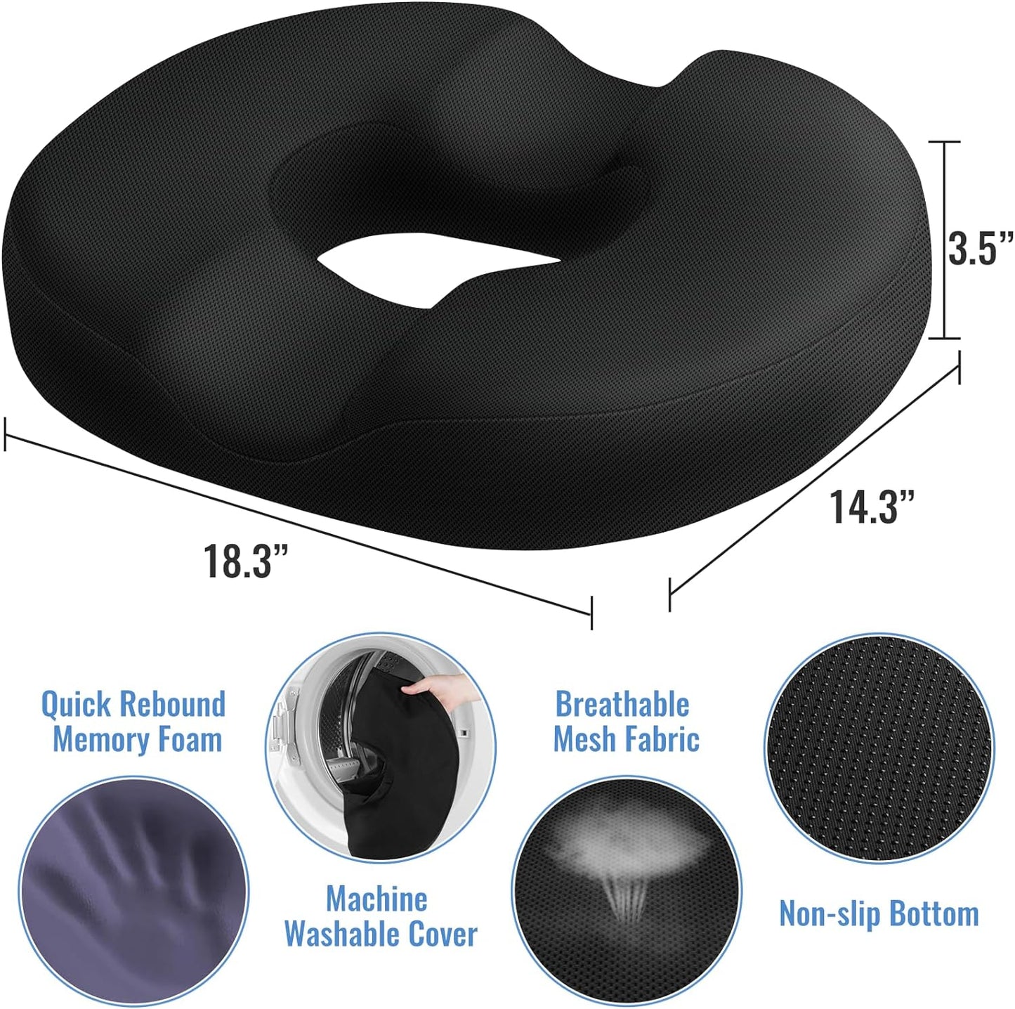 CloudBliss Donut Pillow Seat Cushion for Tailbone Pain Relief and Hemorrhoids, Memory Foam Chair Cushion, Seat Cushions for Men and Women for Home & Office, (Black-XL)
