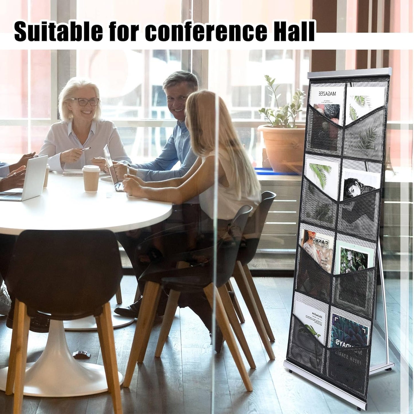 Outus Mesh Literature Brochure Holder with 8 Pocket Portable Magazine Display Roll Up Magazine Rack Lightweight Floor Standing Catalog Office Brochure Display Stand for Business Trade Shows (Black)