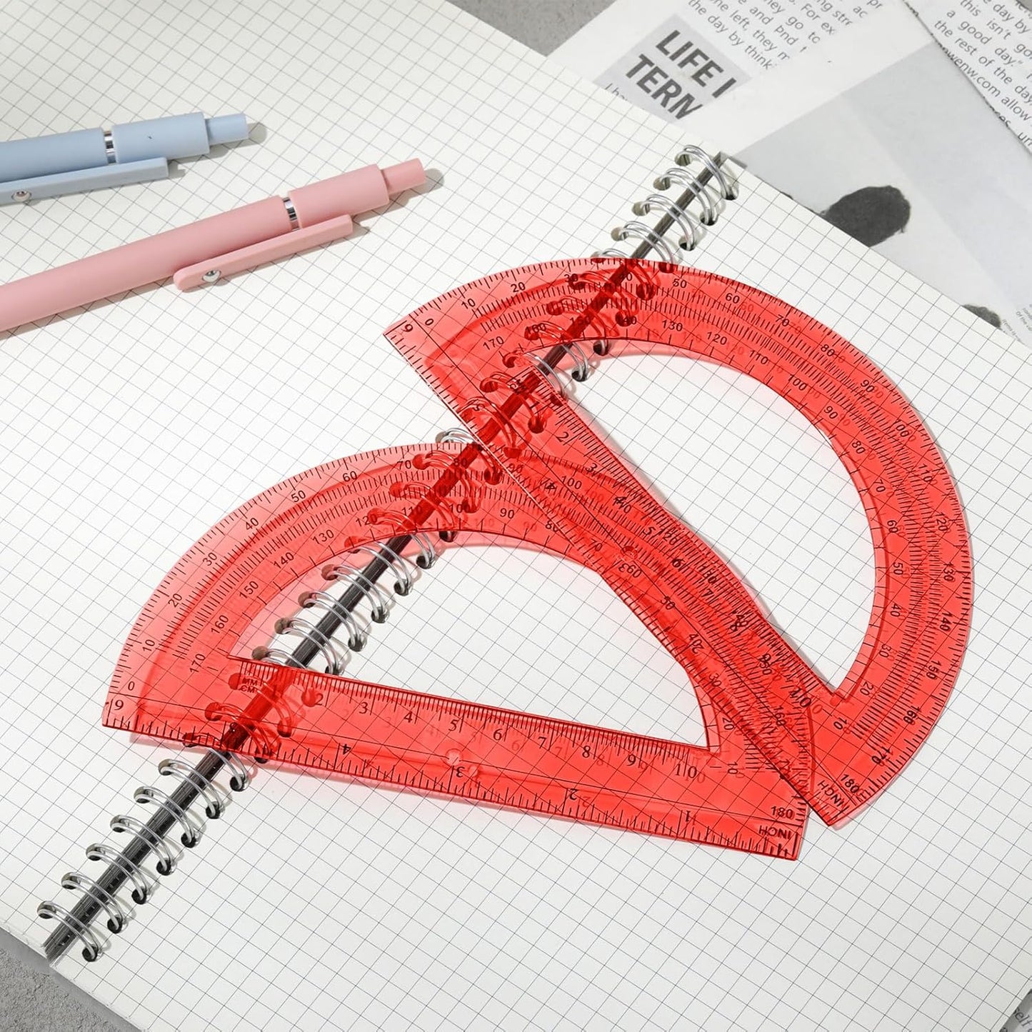 Zonon 2 Pcs 6 Inch Plastic Protractor Math Protractors 180 Degrees Angle Measurement, Translucent for Geometry Classroom Kid Student School Office Supplies(Red)