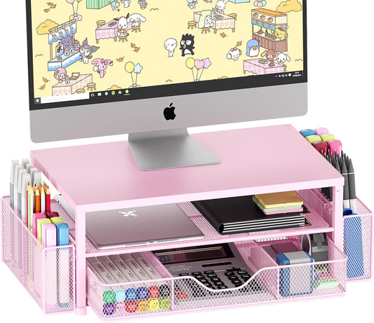 Desk Organizers and Accessories, 2-Tier Computer Monitor Stand Riser with Drawer and 2 Pen Holders, Laptop Stand, Office Desk Accessories for Office Supplies, Pink
