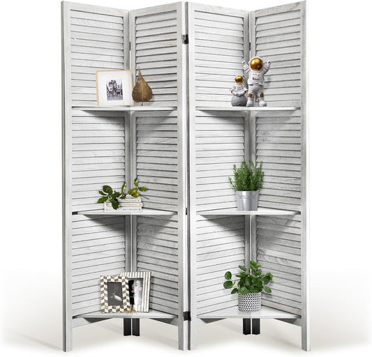 Room Divider with Shelves, 5.6FT Folding Room Divider Panel, 4 Panel Wood Partition Wall Divider for Room Separation, White