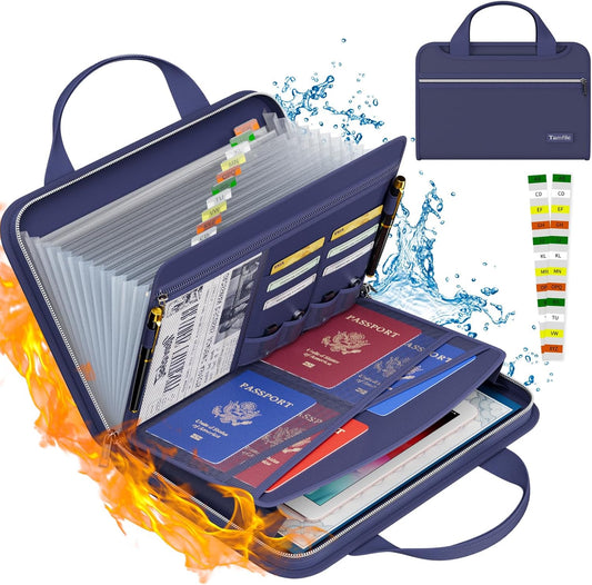 Tamfile Fireproof Accordion File Organizer with Handle, 13 Pocket Expanding File Folder with Zipper & Labels, File Folder with Multi-Pockets Paper Organizer Folder for Letter A4 Files, Blue