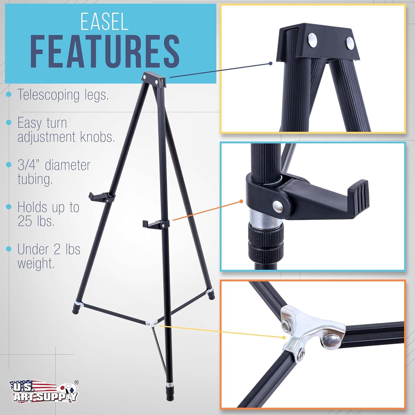 U.S. Art Supply 66" High Black Metal Display Art Easel (10 Pack) - Large Adjustable Height Portable Easel Stand, Sign Display, Holds 25 lbs - Floor & Tabletop Easels, Sign Stand