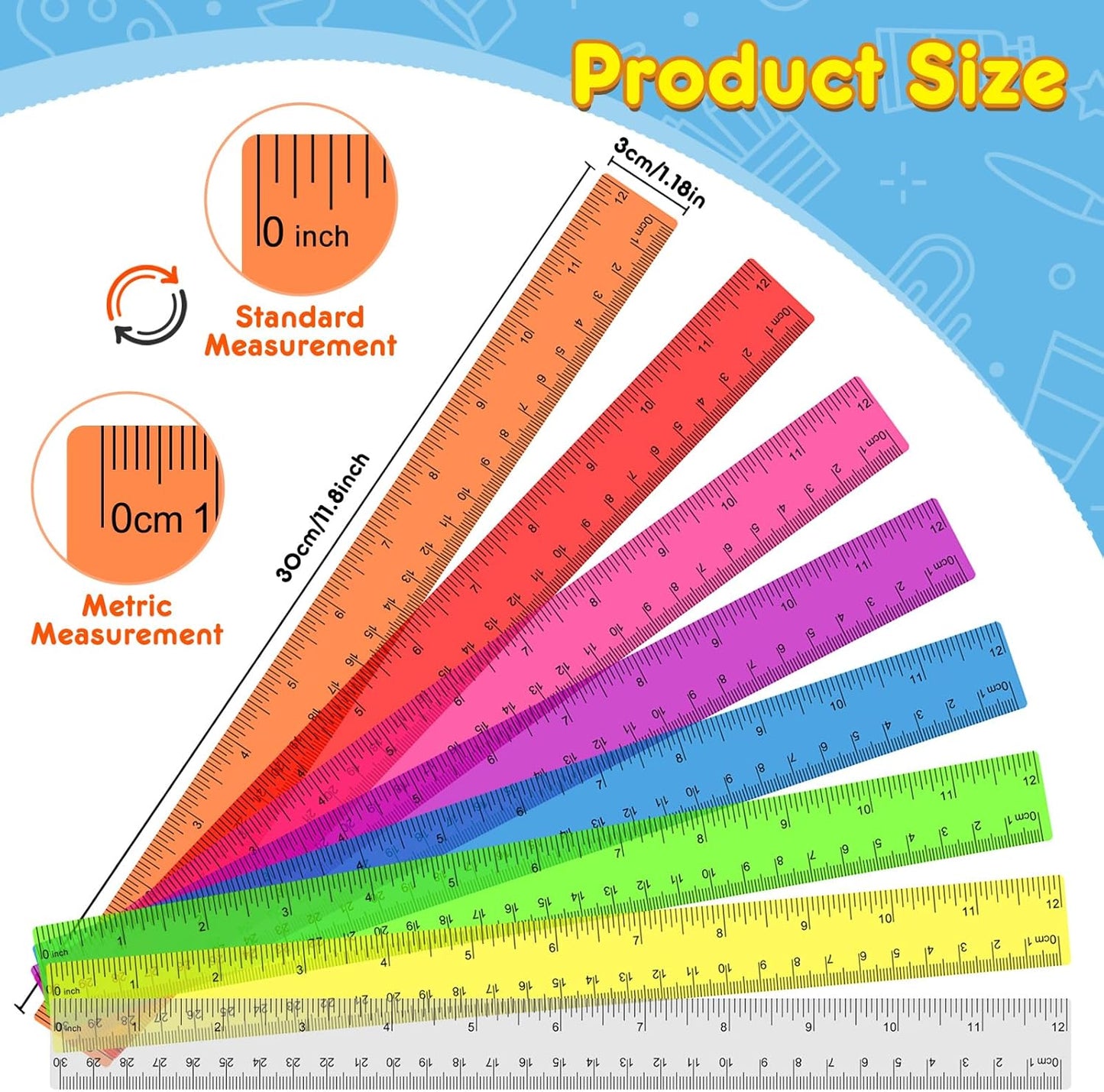 32 Pcs Clear Plastic Ruler 12 Inch, Rulers Bulk for Classroom, Transparent Assorted Color Bulk Rulers with Millimeter and Inches, Kids Ruler for School, Ideal Back to School Office Home Supplies