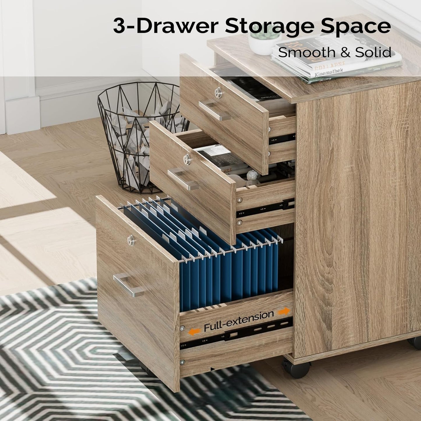 VINGLI 3-Drawer File Cabinet with Lock, Wood Rolling Filing Cabinets for Home Office, Mobile Printer Stand, Under Desk File Organizer for Letter Sized Files, 26" H(Caster Included), Oak