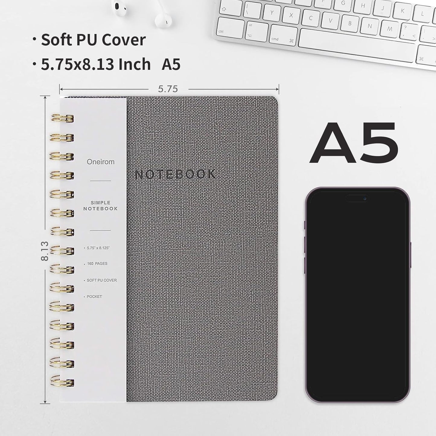 Lined Spiral Notebook College Ruled A5 Journal Book for Note Taking, 160 Pages Writing Journal for Office and Home School Supplies 5.75x8.125 inch (0Grey)