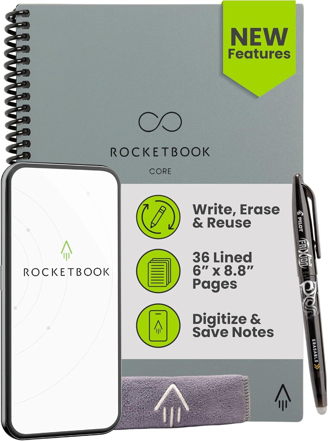 Rocketbook New Core Reusable Spiral Notebook, Executive Size 6x8.8, Gray - Lined Pages, App-Connected, Erasable, Durable Cover, Ideal for School, Work, and Creative Projects