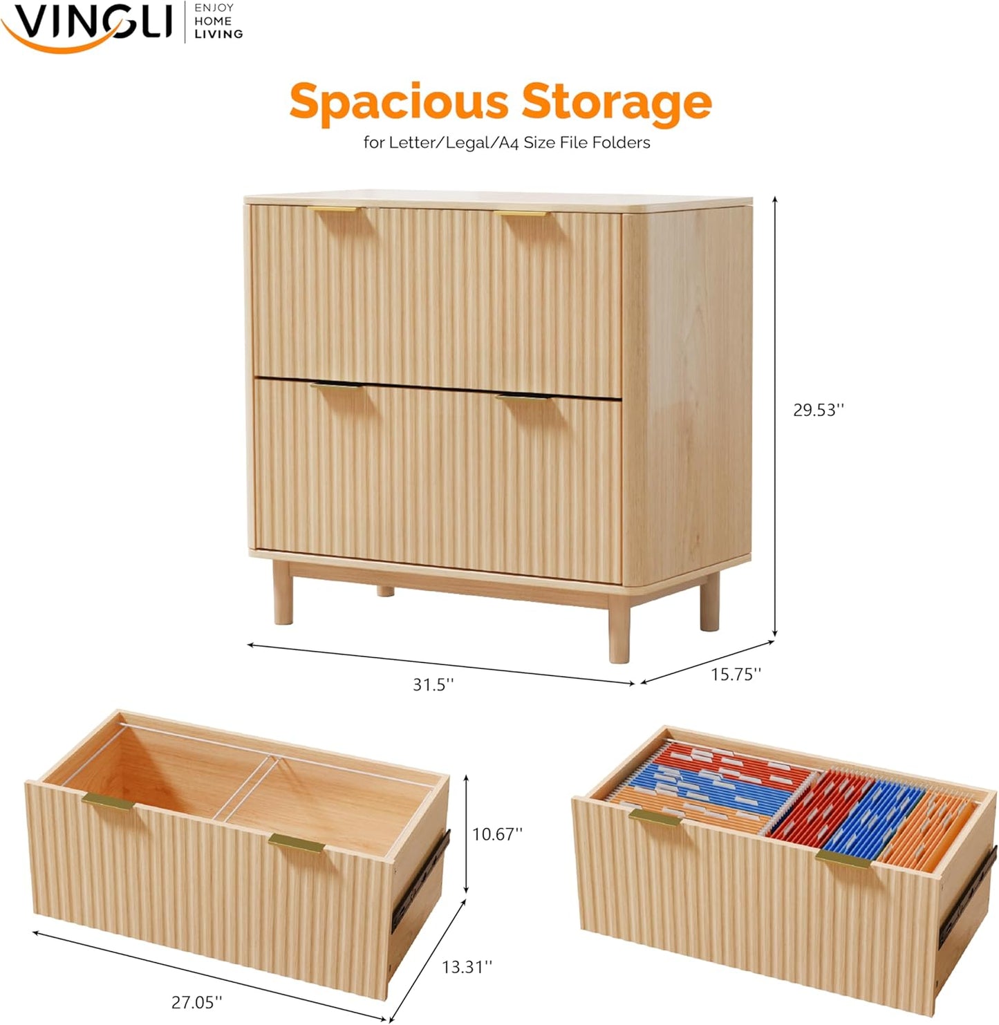 VINGLI 2 Drawer File Cabinet, Home Office Filing Organizer, for Letter Legal A4 Size File Folder Storage, Modern Style Fluted Design, Wood Lateral Filing Cabinet, Printer Stand, Archivador (Oak)