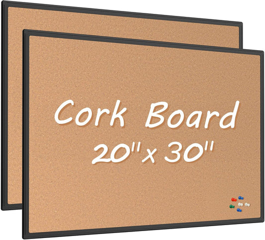 Board2by 2-Pack Cork Board Bulletin Board 20 x 30, Black Aluminium Framed Corkboard, Office Board for Wall Cork, Large Wall Mounted Notice Pin Board with 32 Push Pins for School, Home & Office