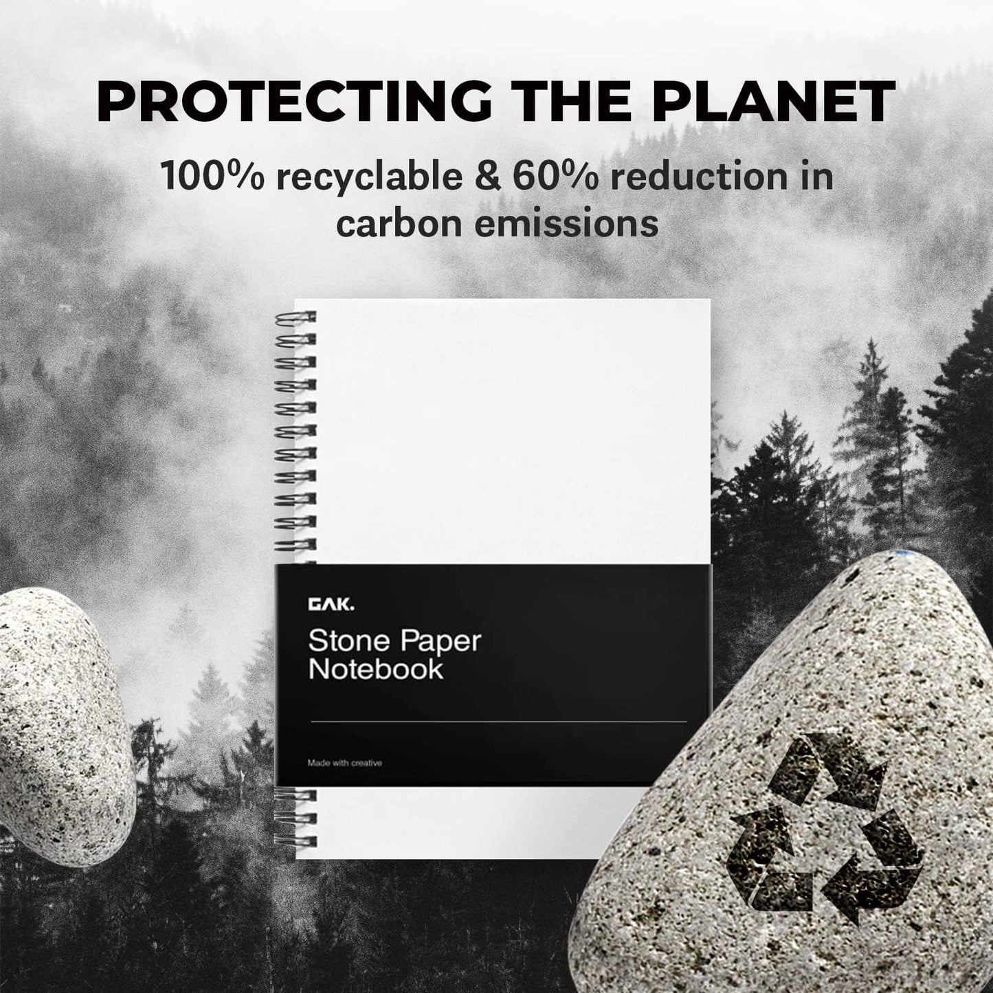 GAK. Stone Paper Waterproof Sheet Spiral Notebook (M Size) – 5.8”x8.3”, 50 sheets, Stone Paper Notebook Journal Note Taking Waterproof Notepad College Ruled Paper Black Notebook Aesthetic School