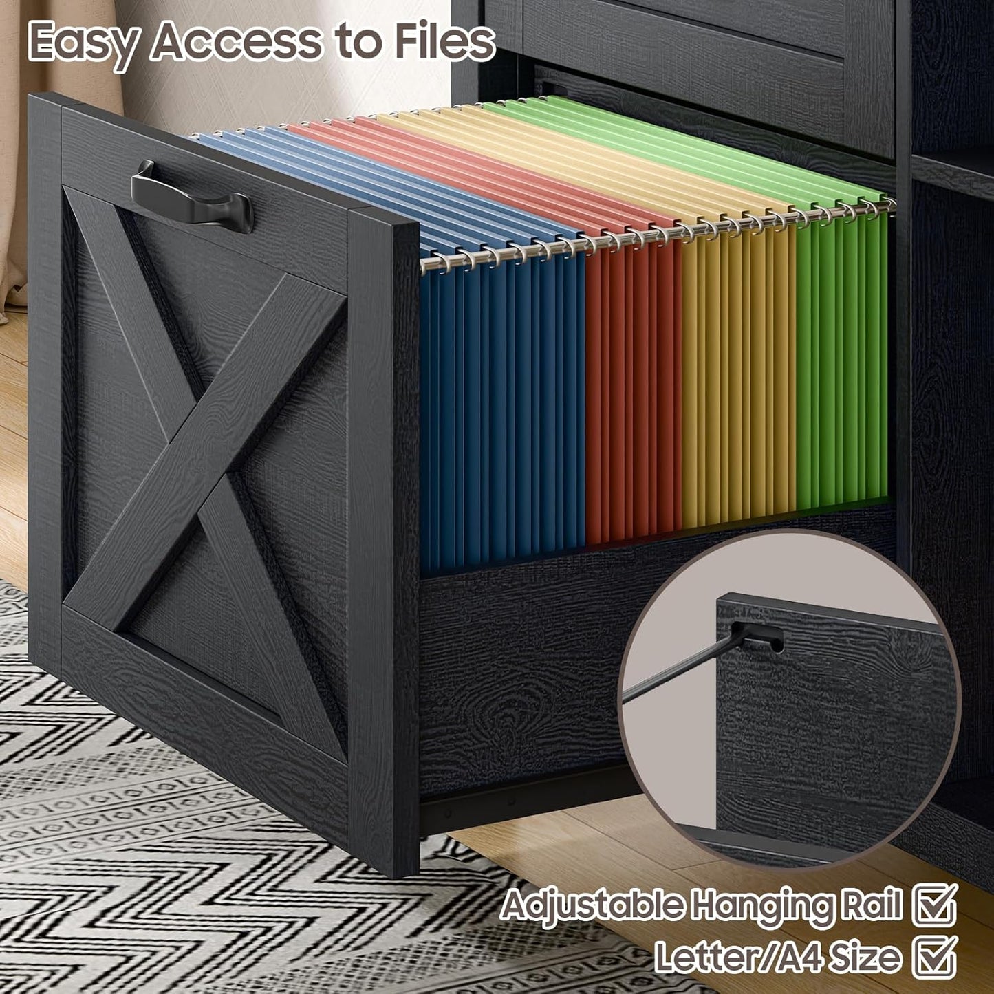 Lateral File Cabinet with 2 Drawers and Door, Farmhouse File Cabinet for A4/Letter Size Hanging Files, Large Wood File Storage Cabinets Printer Stand with Open Space for Home Office Furniture, Black