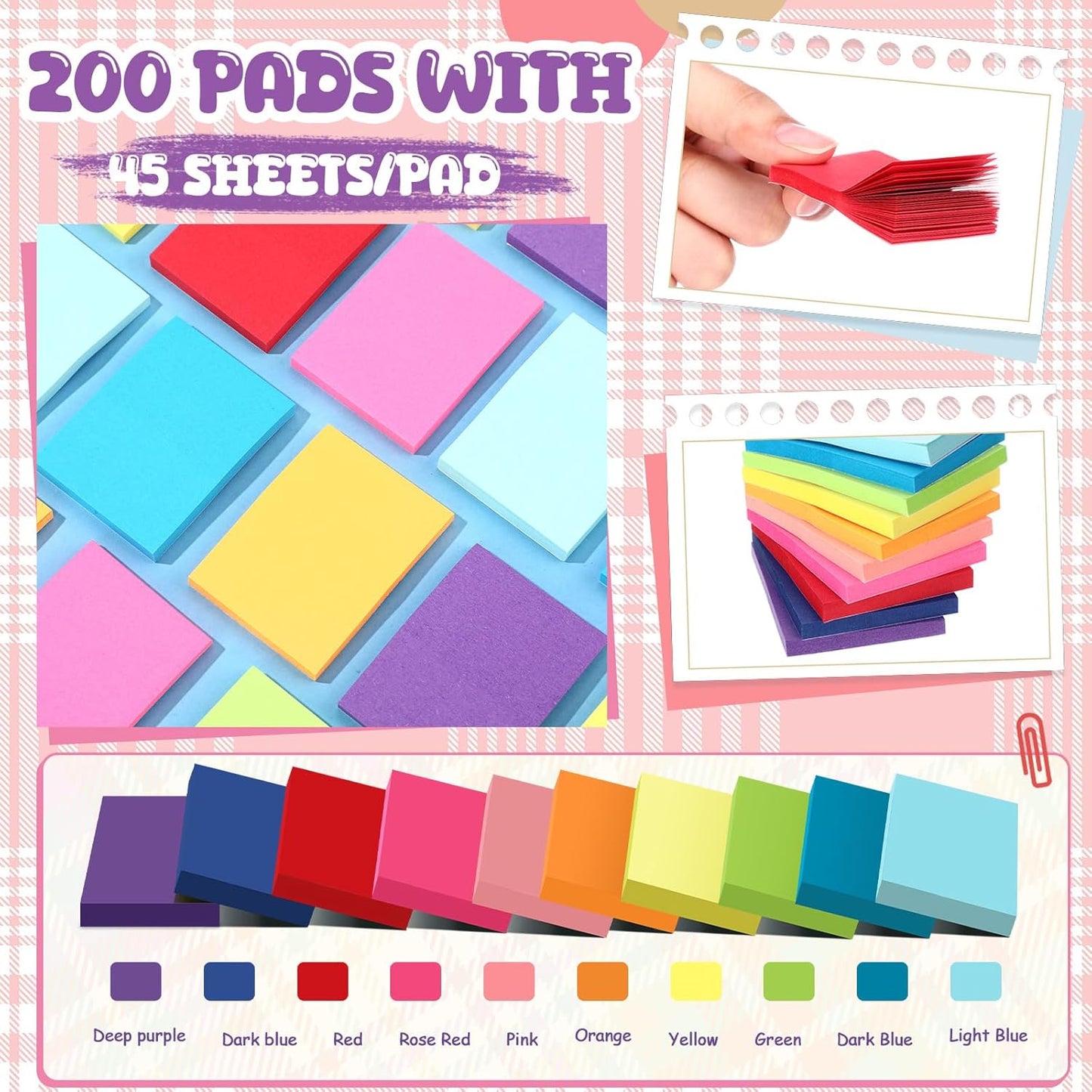 Zubebe 200 Pads Sticky Notes Bulk, Bright Colors Notepads Self Stick Note Square Memo Post Sticky for Office School, 45 Sheets/pad(1.5 × 2 Inch)
