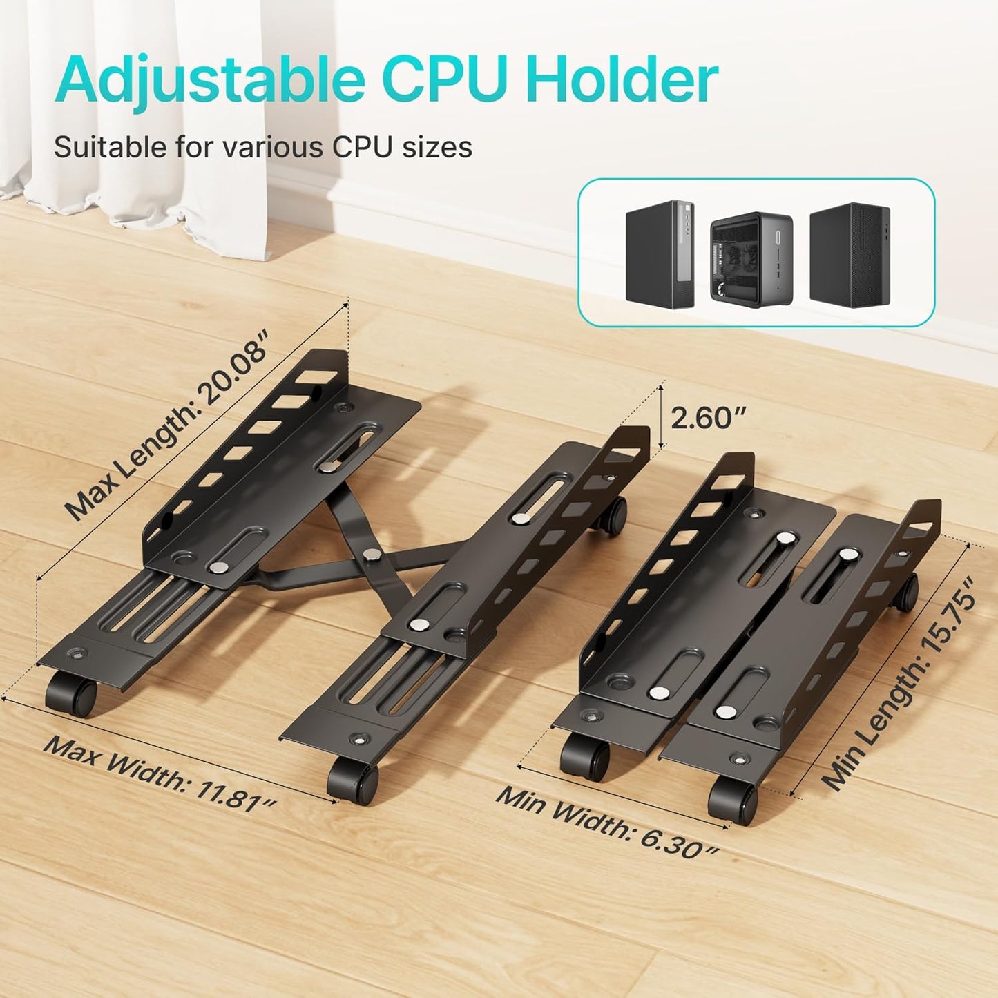 Adjustable PC Stand for Floor(400-510mm D, 160-300mm W), PC Tower Stand with 4 Caster Wheels, Ventilated Under Desk CPU Cart Holder for Office, Gamers, Black