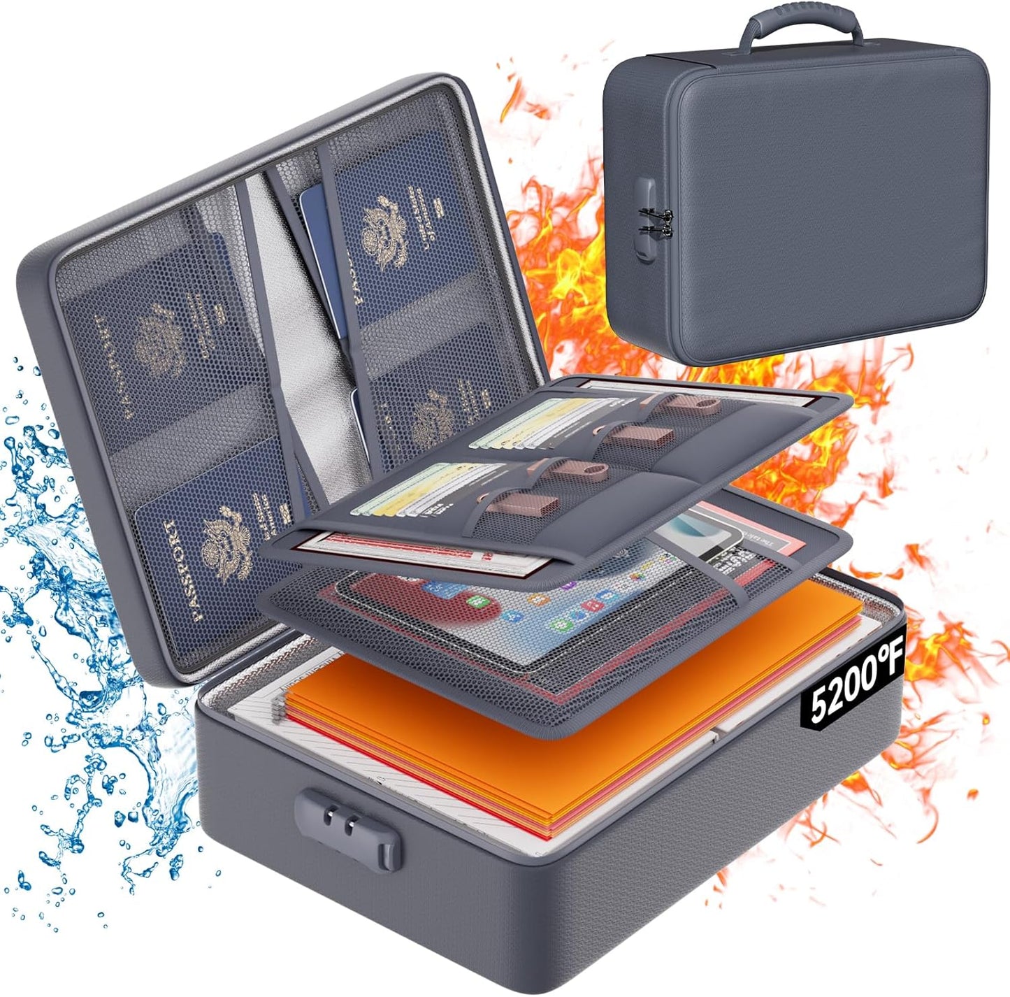 DocSafe 5200°F Document Organizer with Lock,Upgraded Heat Insulated Fireproof＆Waterproof Box 8 Layers File Organizer,Portable Home Travel Safe Storage for Important Documents, Files,Gray (Soft)