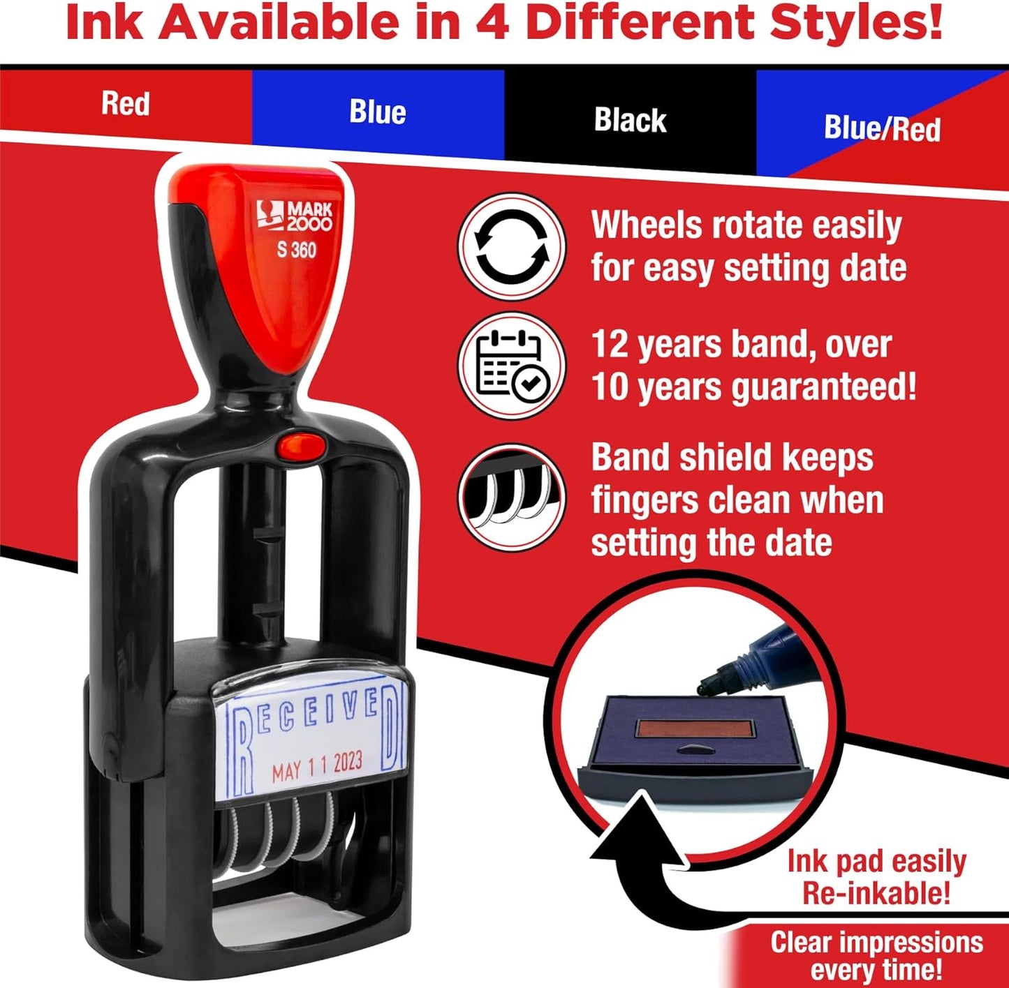 Self-Inking Rubber Date Office Stamp with Deposited Phrase - Blue Ink & Date Red Ink - 12-Year Band