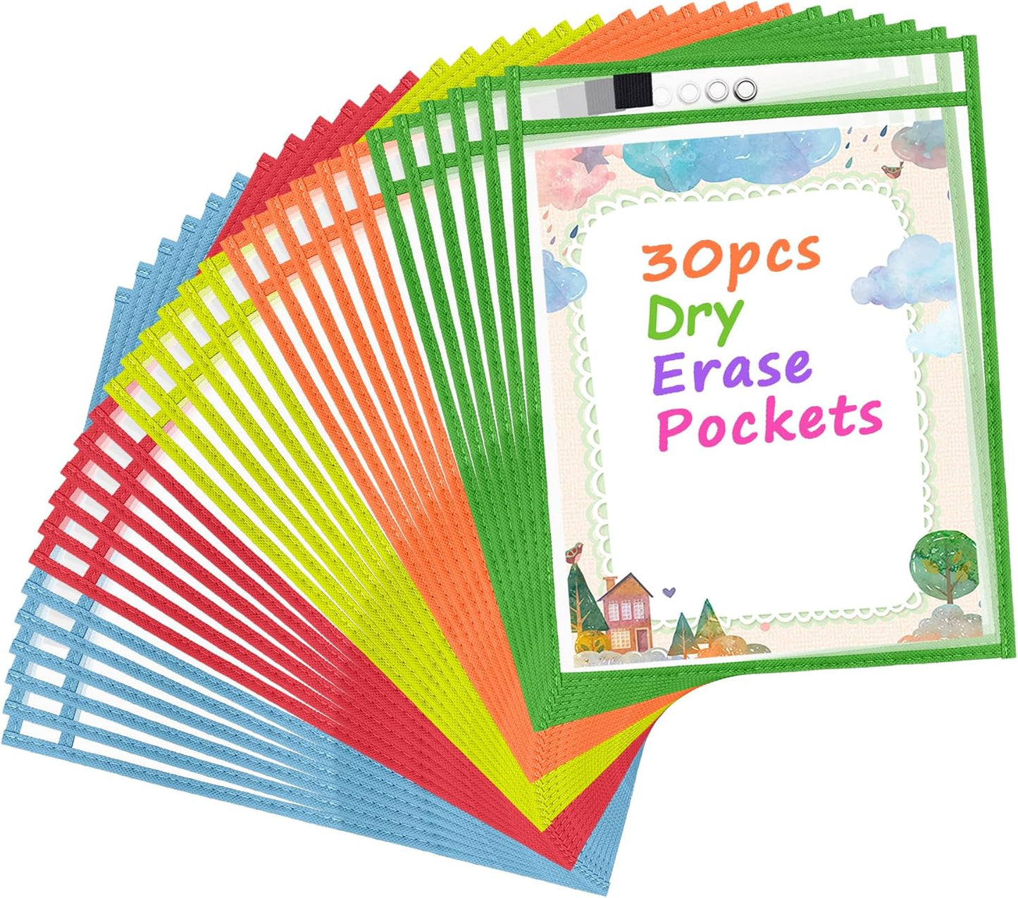 Antner 30 Packs Oversized Reusable Dry Erase Pocket Sleeves Clear Plastic Page Sleeves Sheet Protectors, 5 Assorted Colors 10x13" Ticket Document Holders, Shop Office School Teacher Classroom Supplies