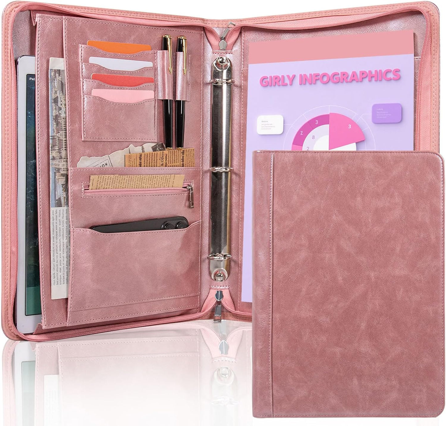 Calfinder Portfolio Binder,3 Ring Binder with Zipper,PU Leather Padfolio with Zipper for Women, Professional Business Portfolio Organizer for Resume/Interview, A4 Letter Document Organizer