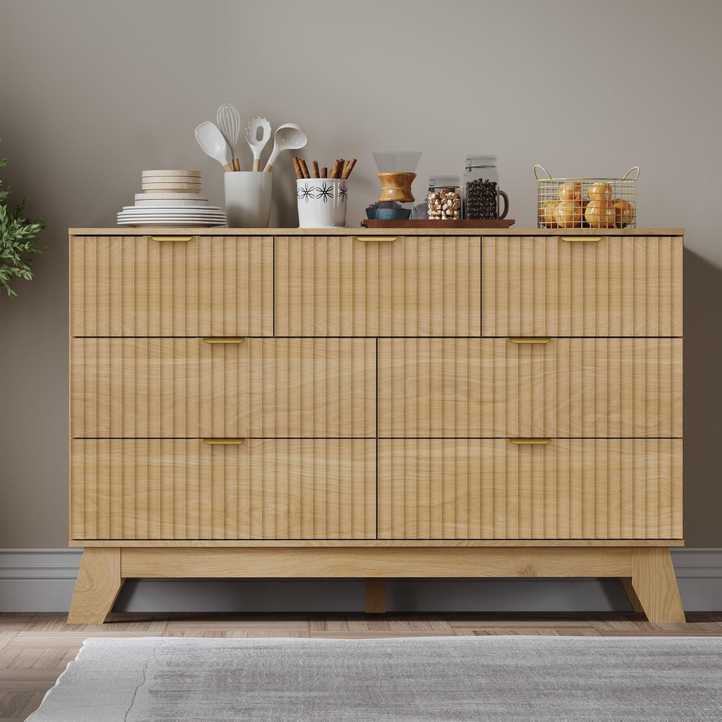 Fluted 7 Drawer Dresser, 47.2" Wide Modern Boho Chest of Drawers, Wooden Storage Dresser TV Stand for Bedroom, Living Room, Closet, Hallway, Curved Profile Design