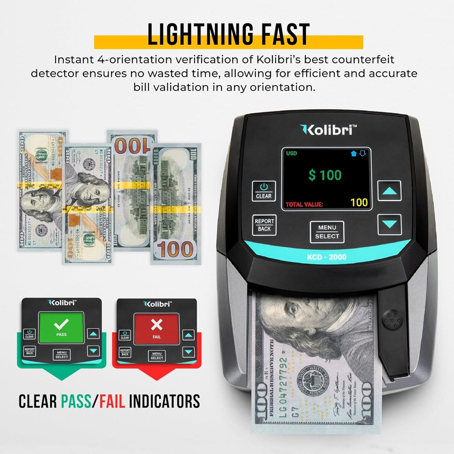 KOLIBRI KCD-2000 Advanced Counterfeit Bill Detector | All-Orientation Counterfeit Detection Bill Counter | Money Counter by Denomination | Detect Fake Bills Fast