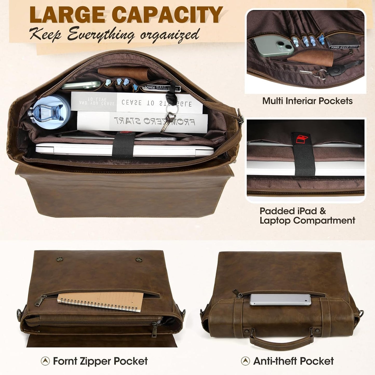 RAINSMORE Mens Messenger Bag 17 Inch Waterproof Vintage Leather Laptop Briefcase Large Laptop Bag Satchel Bag Computer Shoulder Bag for Office Business Travel College,Dark Brown