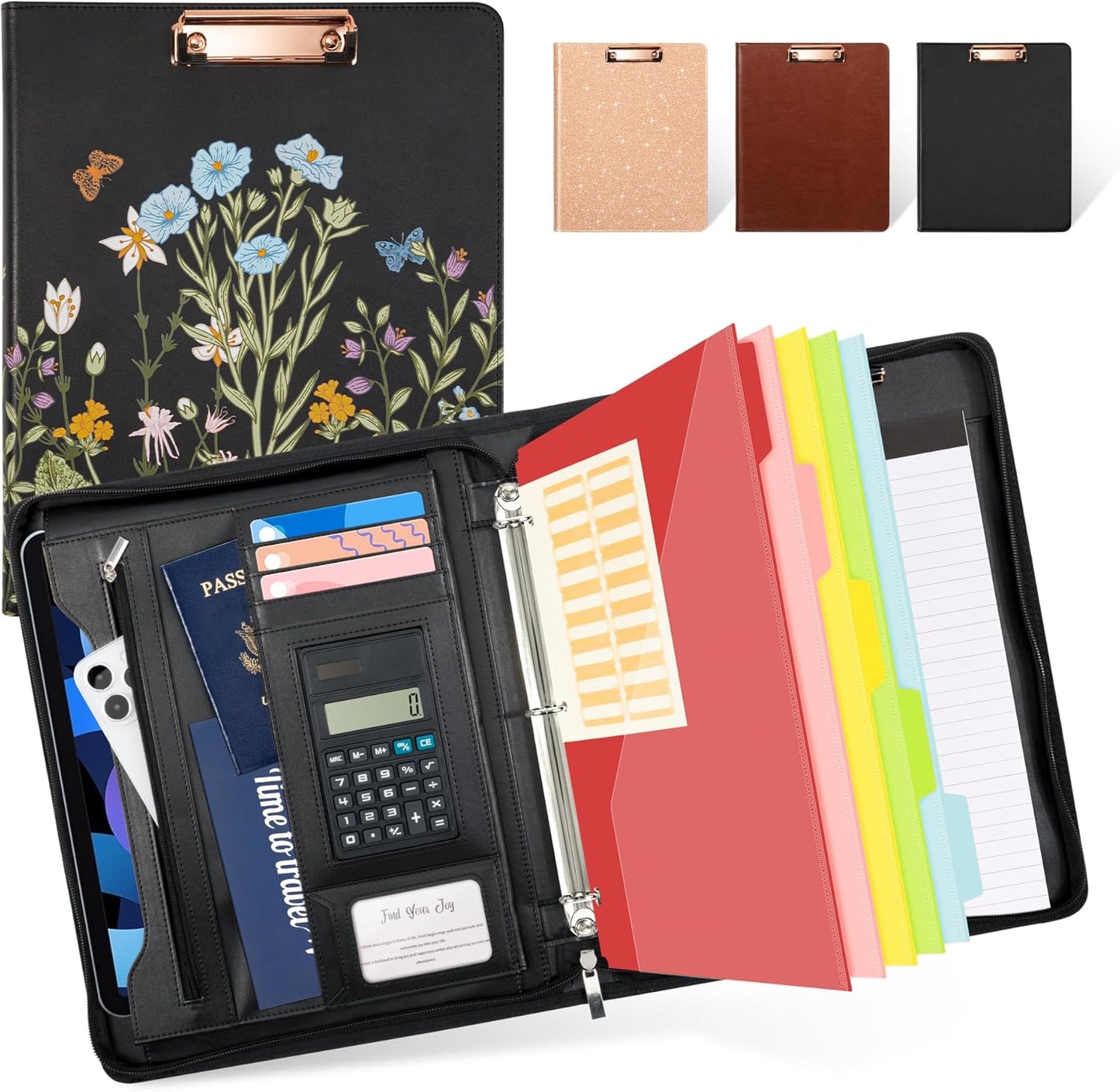 Ospelelf Leather Portfolio Folder with Zipper - 3 Ring Binder with Clipbard - Calculator, 12.1” Tablet Sleeve, 5 Dividers with 10 Pockets, Refillable Notepad, Card Holder (Bushes)