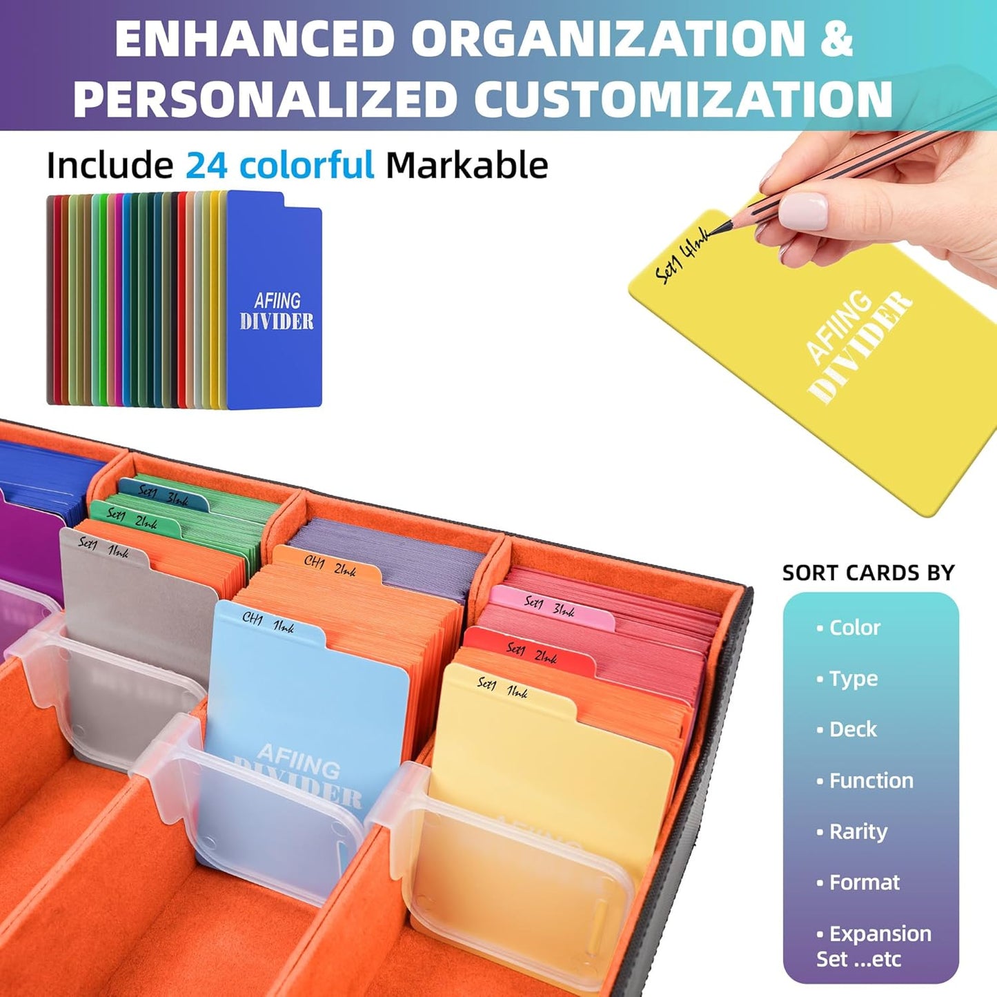 AFIING Trading Card Storage Box 6000+ Capacity – DIY Toploader Case w/ 24 Dividers & 8 Supports, Fits 3x4 Rigid Card, Deck Box for MTG TCG Sports Cards– Black & Orange