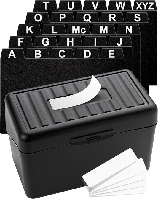 Sturdy Index Card Holder Box 3x5 - Premium Business Card Organizer for Flash Cards, Notecards, Recipes - Recipe Box Case with Plastic Index Cards Dividers & Labels