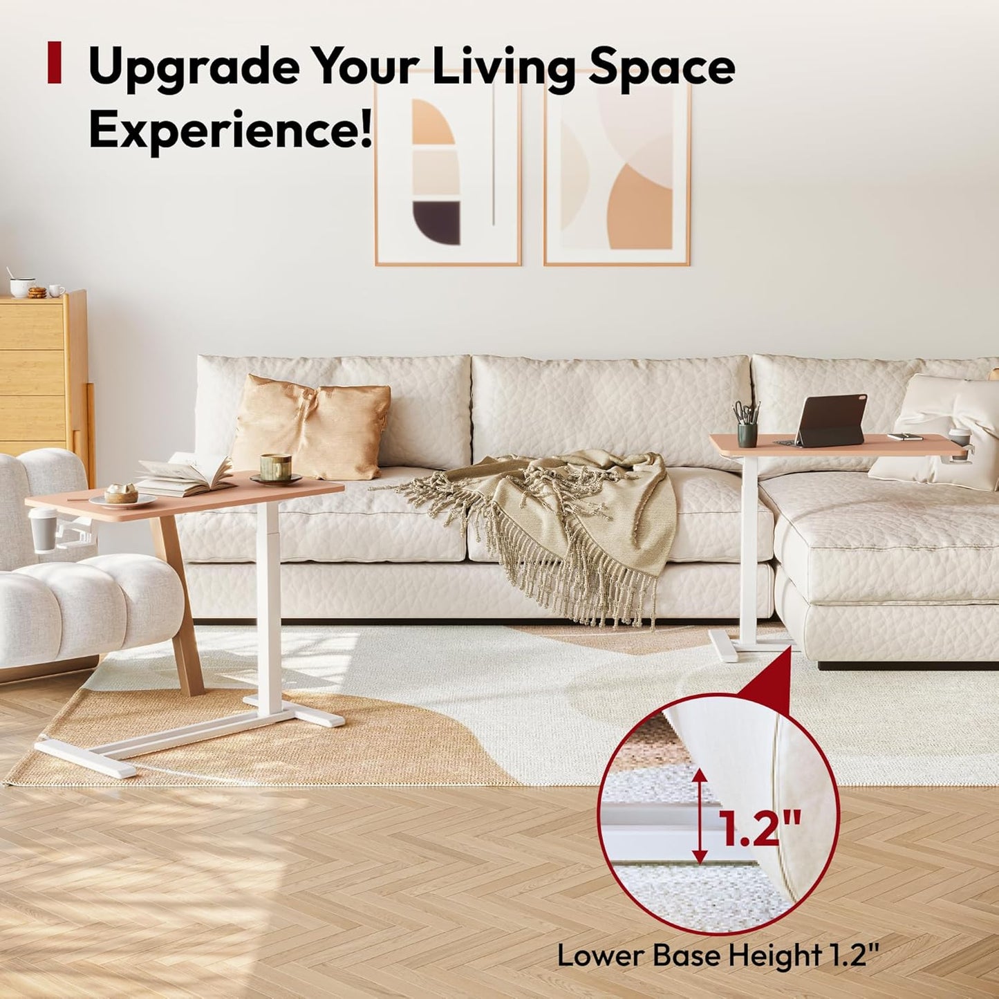 SANODESK Mobile Standing Desk with Hidden Wheels,Pneumatic Laptop Desk Rolling Computer Cart Movable Height Adjustable Small Sit Stand Desk for Home Office(27.6" W x 15.7" D, Pink)