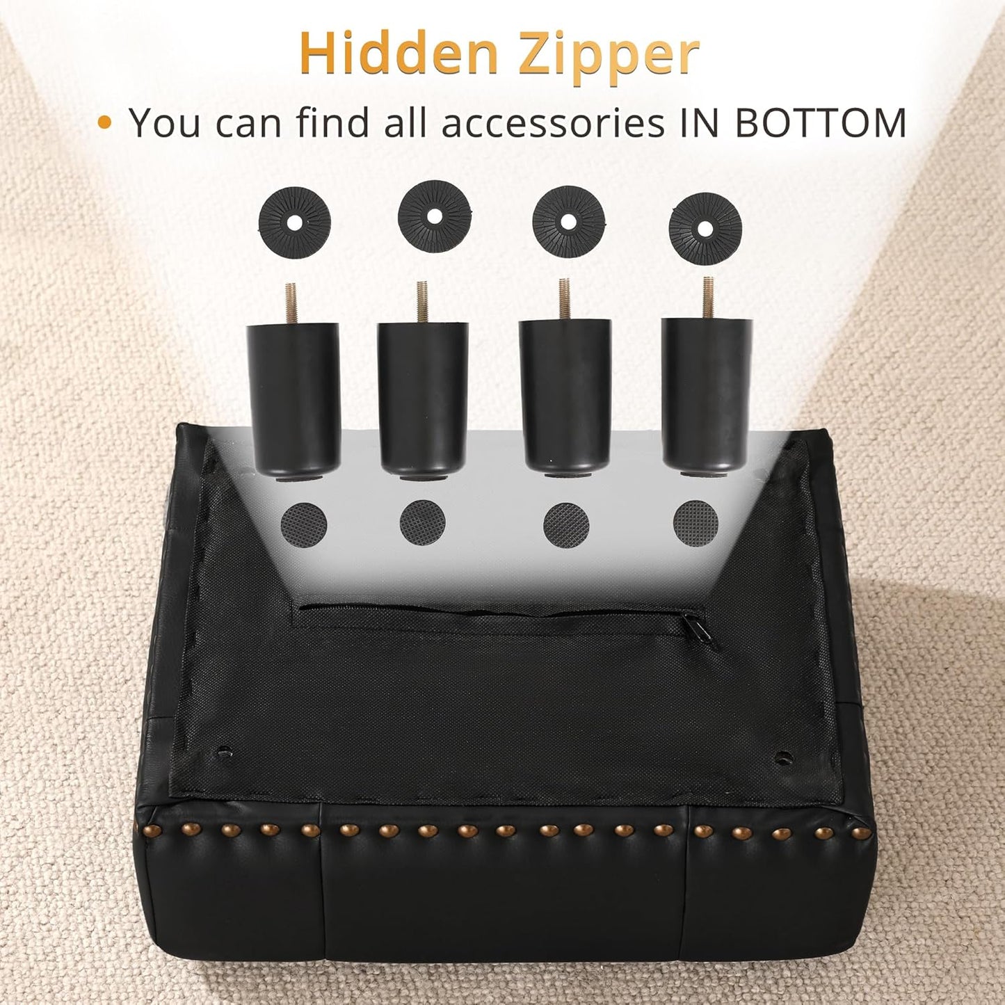 LUE BONA Small Tufted Foot Stool, Black Rivet Faux Leather Footrest with Plastic Legs, 9''H, Rectangle Foot Stools for Adult with Non-Slip Pads, Sofa Footstool for Living Room, Couch