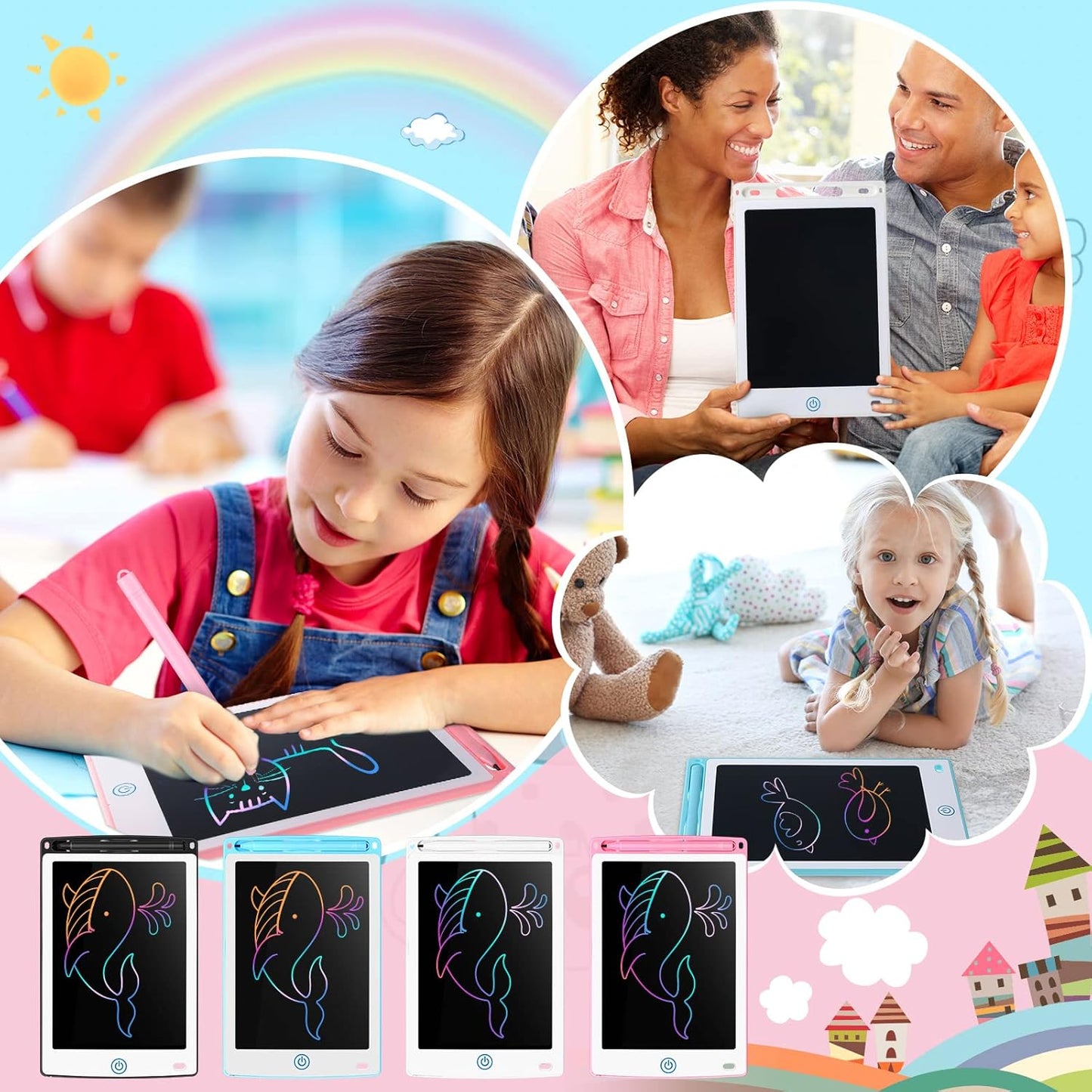 Zonon 4 Pcs LCD Writing Tablet 8.5 Inch Doodle Board Tablet Drawing Gifts LCD Writing Board Electronic Erasable Reusable Colorful Screen Pad(Light Blue, Light Red, White, Black)