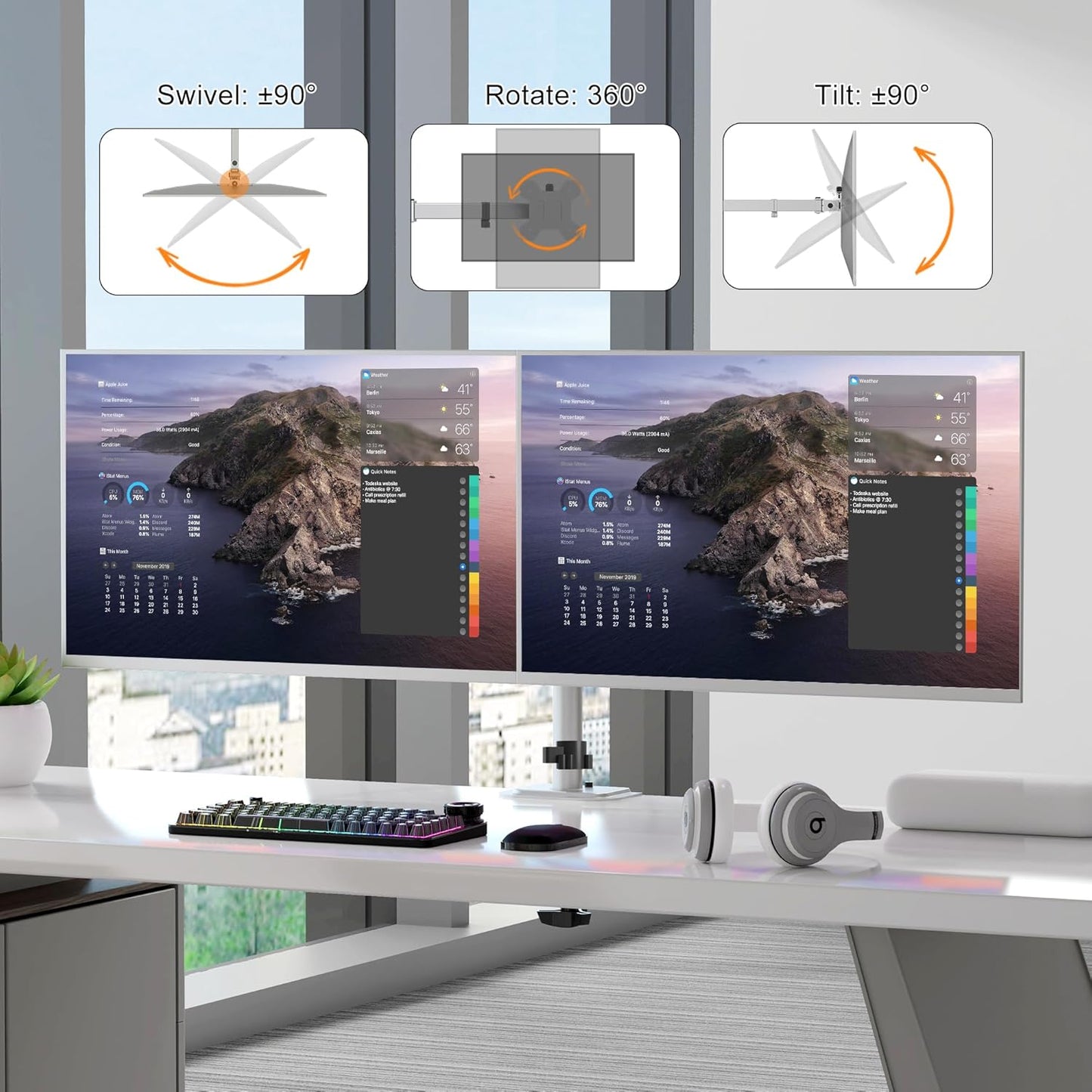 Pholiten Dual Monitor Stand, Heavy Duty Adjustable Monitor Arm Desk Mount for 2 Screens up to 38Inches, Tilt, Swivel, Rotate, Supports Tilt, Swivel, Rotate, Supports 22 lbs per Arm,Silver