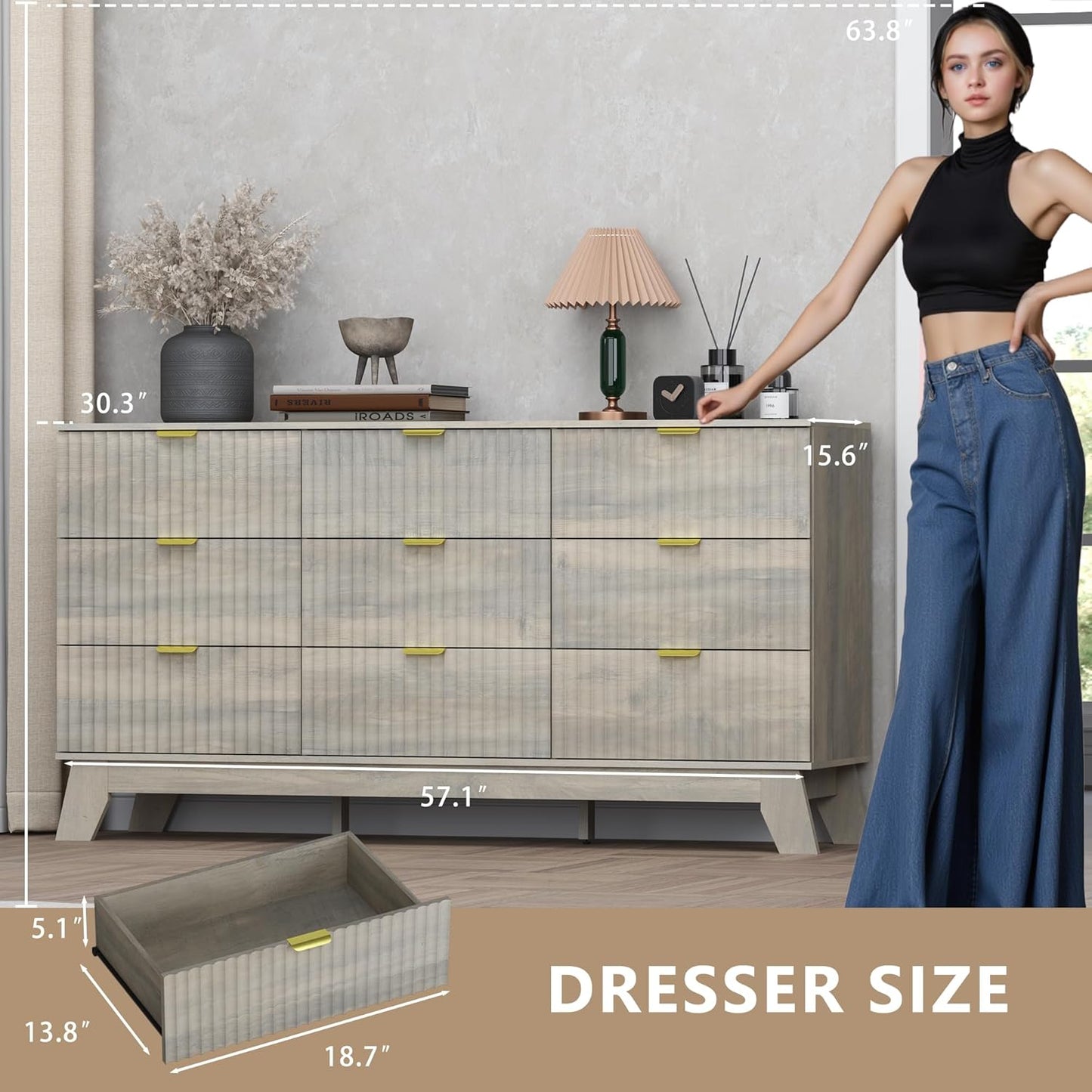 Fluted 9 Drawer Dresser, 57.1" Wide Modern Boho Chest of Drawers, Wooden Storage Dresser TV Stand for Bedroom, Living Room, Closet, Hallway, Curved Profile Design