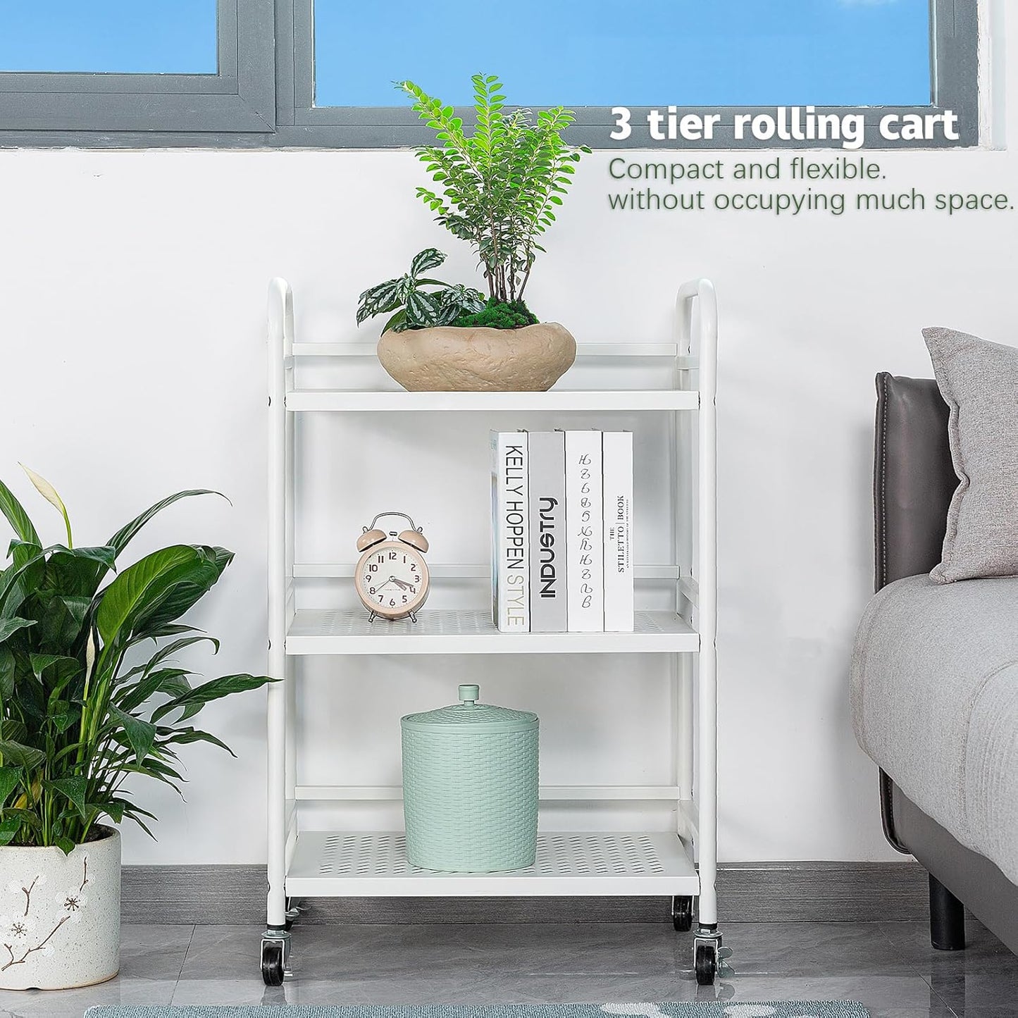 HDANI 3 Tier Rolling Cart,Heavy Duty Multifunctional Metal Frame-Supports 22 Lbs Per Tier,Rolling Cart with 2 Lockable Wheels for Office,Home,Bedroom,Kitchen,Bathroom (White)…