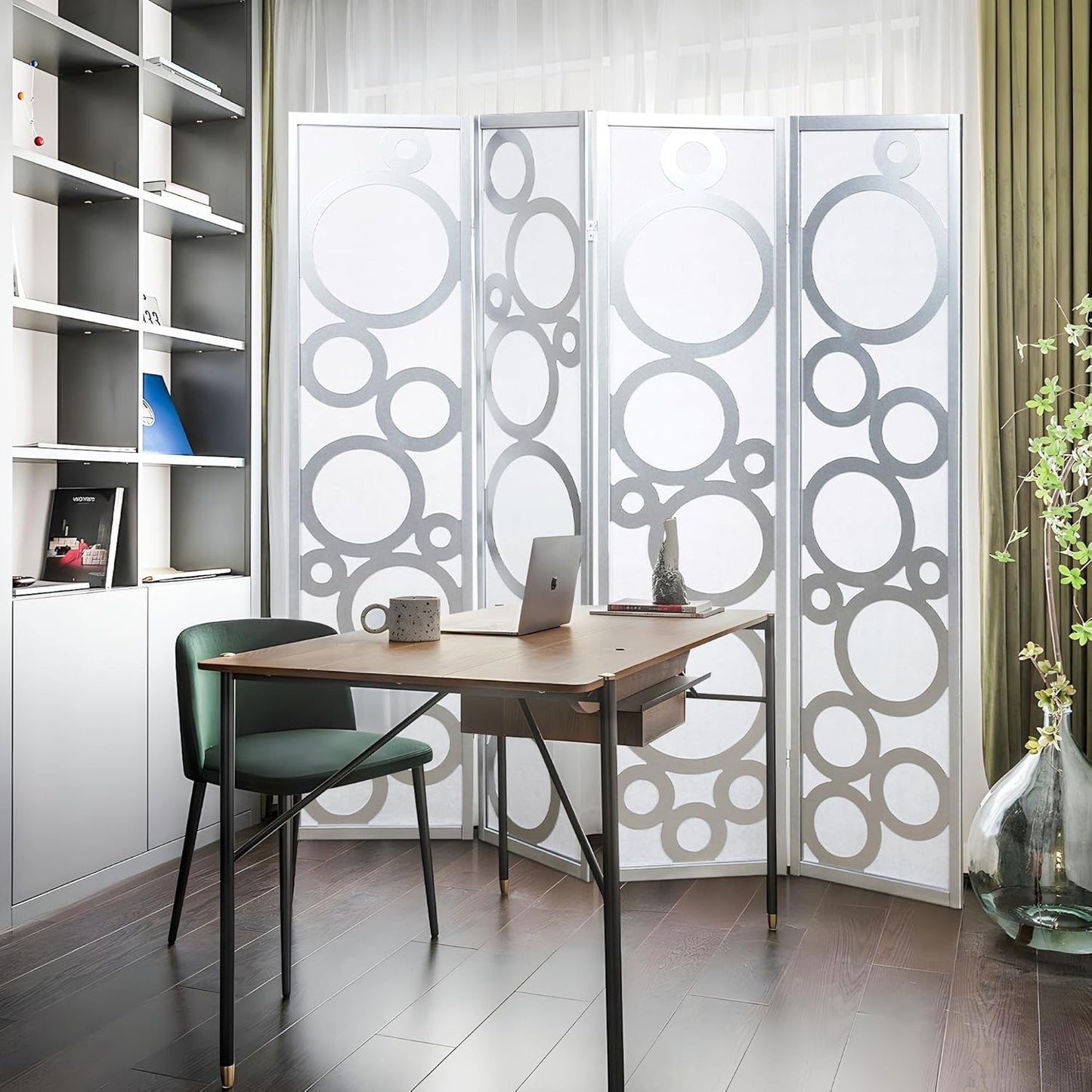 NicBex Room Divider 4 Panel Room Dividers with Circle Pattern Partition Room Dividers and Folding Privacy Screens Wall Divider for Home, Office, Room Separation,70" W x 1" D x 70" H, White+Silver