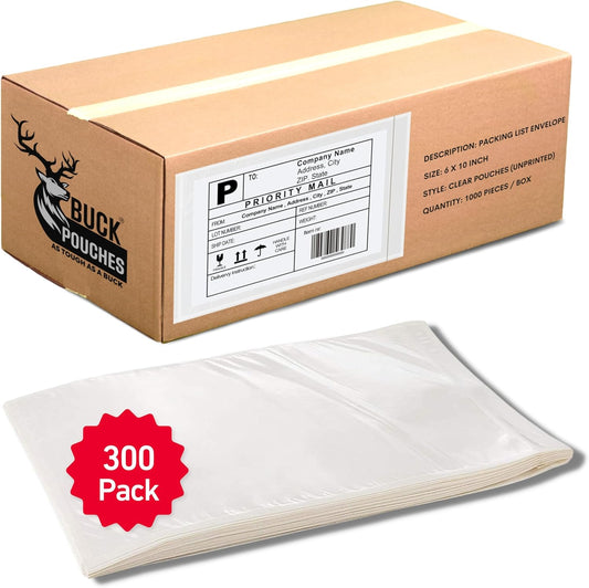 300 Pack 6"x10" Shipping Label Sleeves – Clear Self-Adhesive Packing Slip Pouches, Waterproof Packing List Envelopes – Ideal for Shipping Documents, Mailing Labels, Invoices & Packing Slips