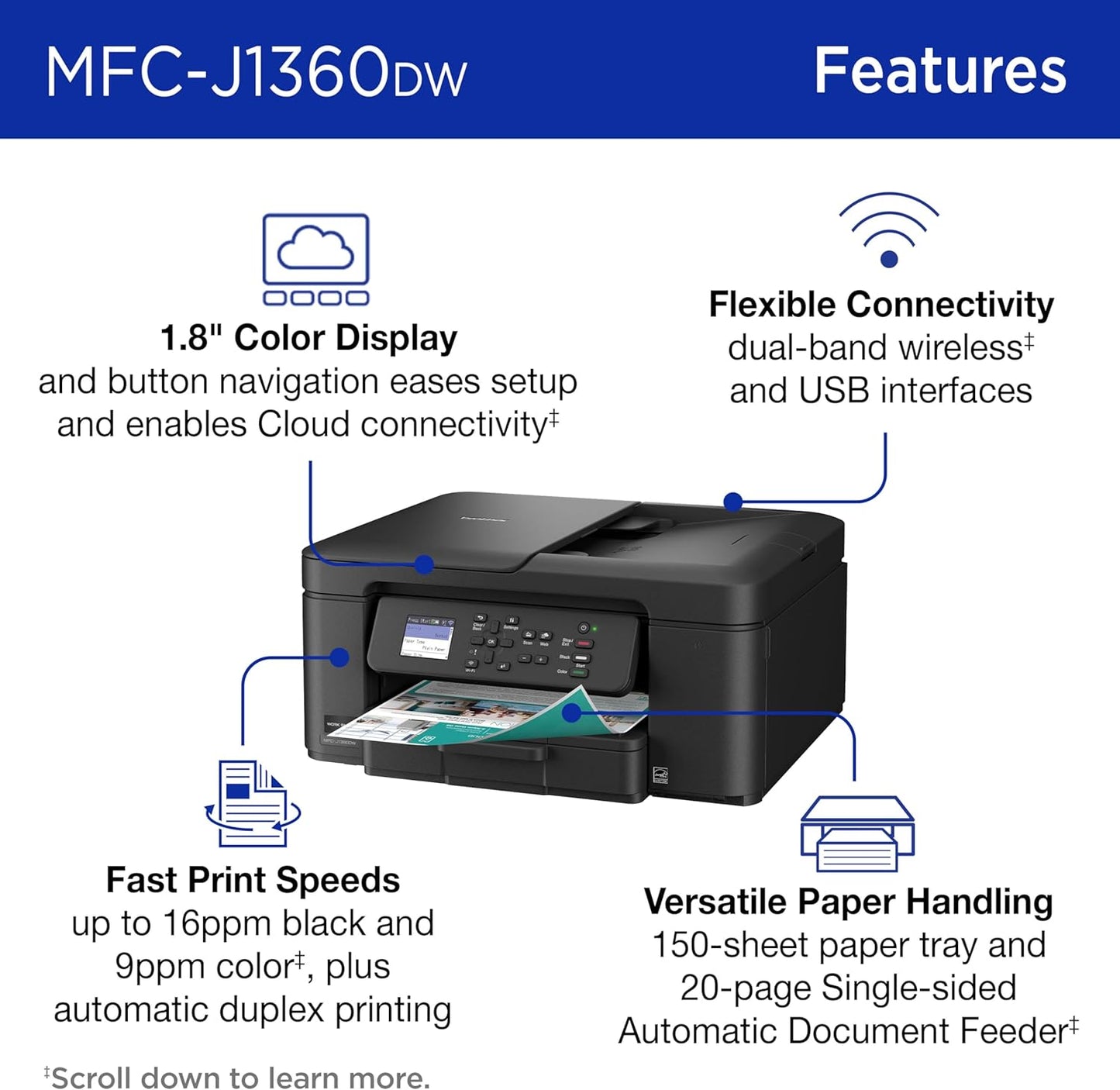 Brother Work Smart 1360 Wireless Color Inkjet All-in-One Printer with Automatic Duplex Printing and 1.8” Color Display | Includes Refresh Subscription Trial(1) (MFC-J1360DW) (Uses LC501 Series Inks)