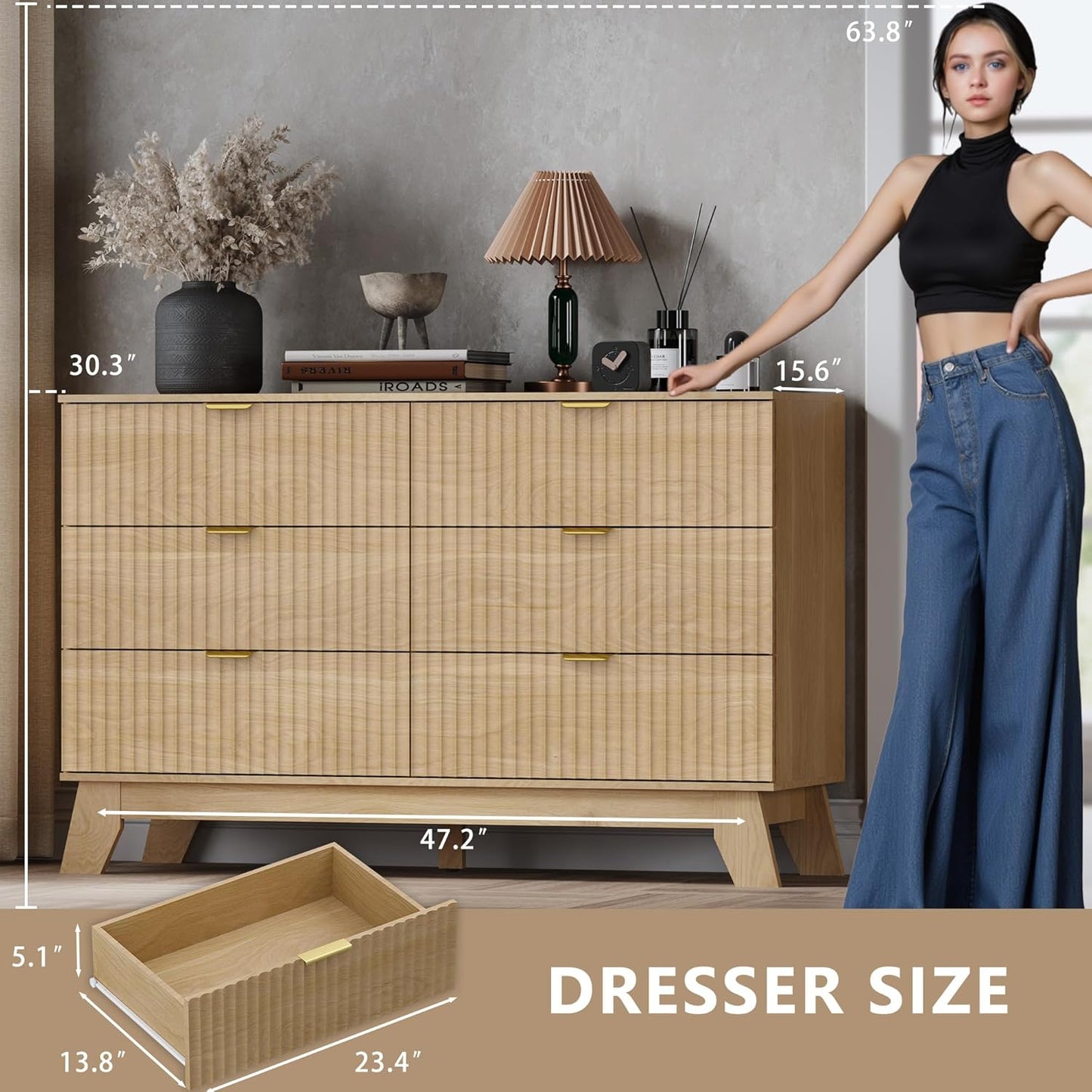 Fluted 6 Drawer Dresser, 47.2" Wide Modern Boho Chest of Drawers, Wooden Storage Dresser TV Stand for Bedroom, Living Room, Closet, Hallway, Curved Profile Design