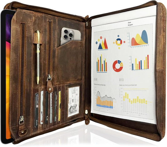 Business Leather Portfolio Leather Padfolio - Letter Pad Size Folder - iPad Organizer Folder Gift for Men and Women (Brown)