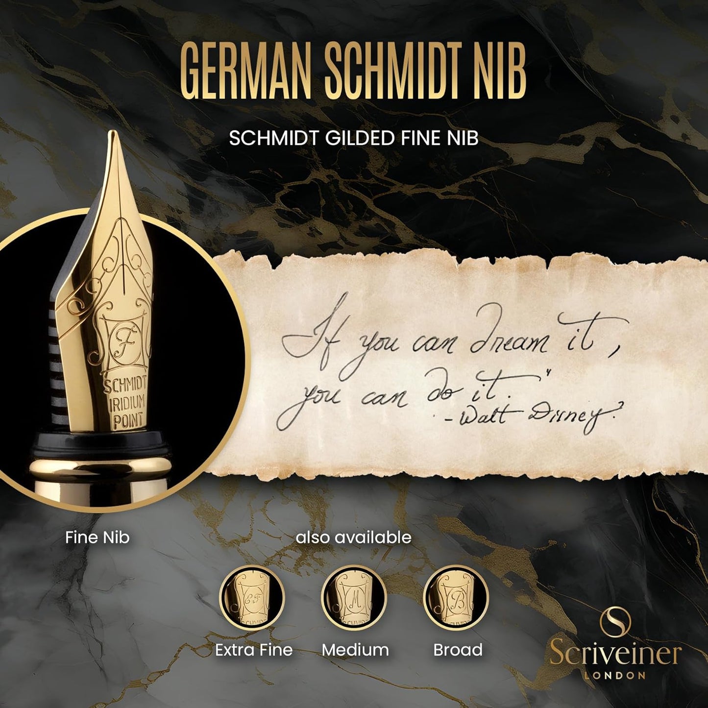 Scriveiner Black Lacquer Fountain Pen - Stunning Luxury Pen, Real Gold Plating, Schmidt Gilded Nib (Fine), Best Pen Gift Set for Men & Women, Professional, Executive, Office, Nice Pens