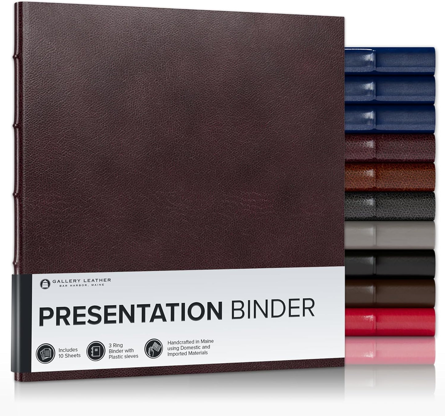 Gallery Leather 3 Ring Binder with Plastic Sleeves, Includes 10 Sheets, Sheet Size: 8.5" x 11" - Presentation Binder Rings with Hubbed Spine, Thick: 0.75" Belfast Burgundy
